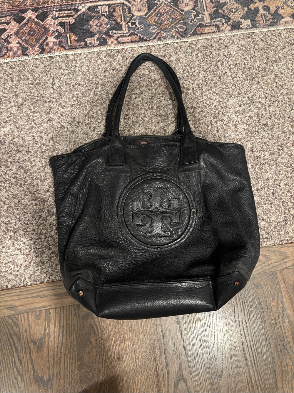 Tory Burch Black Pebbled Leather Logo Tote